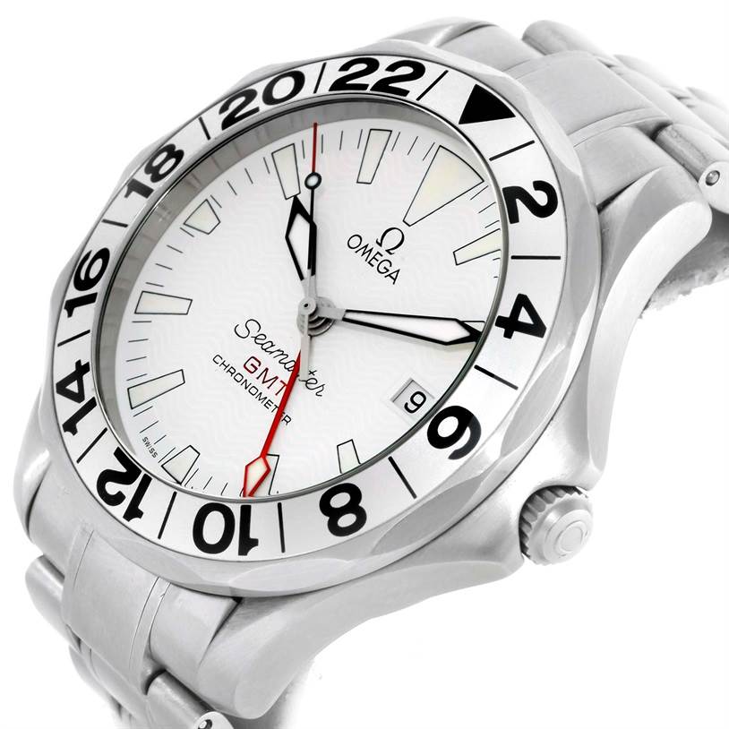 The image shows a close-up of the Omega Seamaster 2538.20.00 Men
s Stainless Steel White Dial 2538.20.00 Men
s Stainless Steel White Dial GMT Chronometer watch, highlighting the dial, bezel, and crown from an off-center angle.