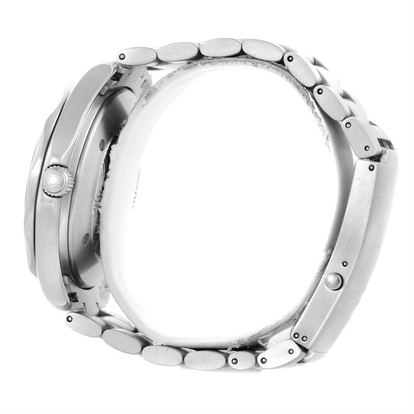 The image shows a side view of an Omega Seamaster 2538.20.00 Men
s Stainless Steel White Dial 2538.20.00 Men
s Stainless Steel White Dial watch, displaying the case, crown, and part of the bracelet.