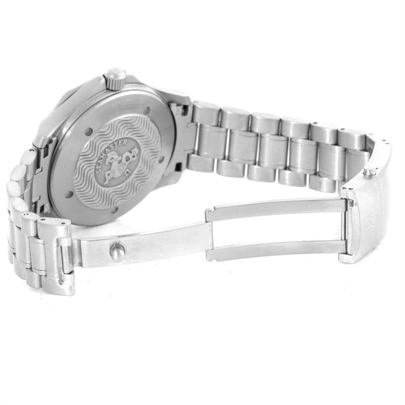 The image shows the back and partially-opened bracelet of an Omega Seamaster 2538.20.00 Men
s Stainless Steel White Dial 2538.20.00 Men
s Stainless Steel White Dial watch from an angled rear view.