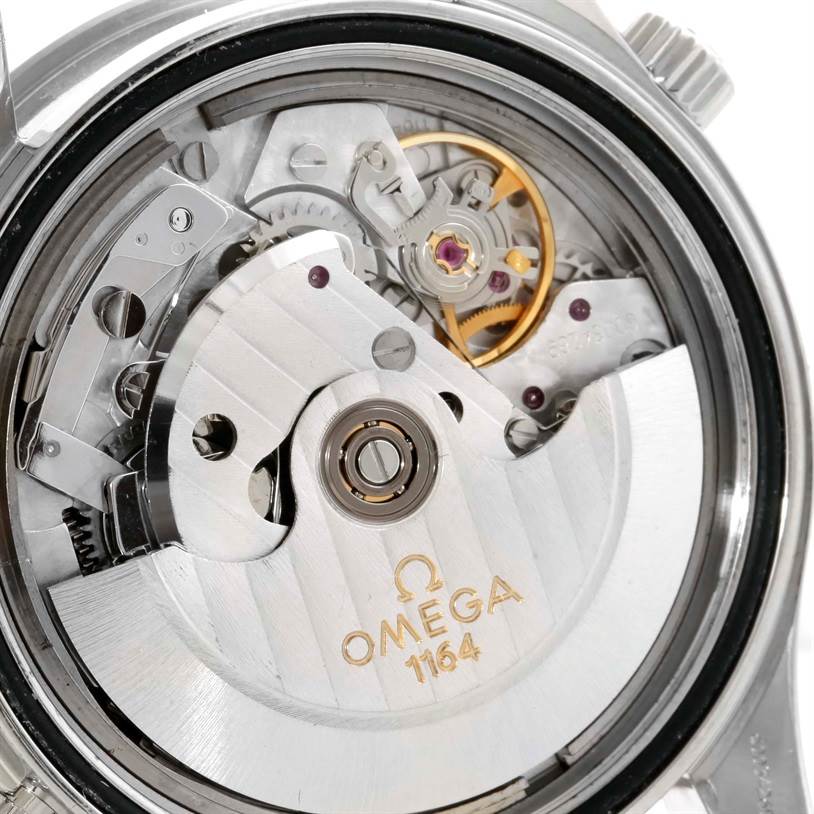 The image shows the intricate internal mechanism of an Omega Seamaster 2598.80.00 Men
s Stainless Steel Blue Dial 2598.80.00 Men
s Stainless Steel Blue Dial watch viewed from the back case angle.