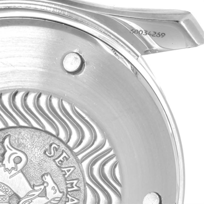 The image shows a close-up angle of the case back of an Omega Seamaster 2598.80.00 Men
s Stainless Steel Blue Dial 2598.80.00 Men
s Stainless Steel Blue Dial watch, highlighting the engraved details and part of the serial number.