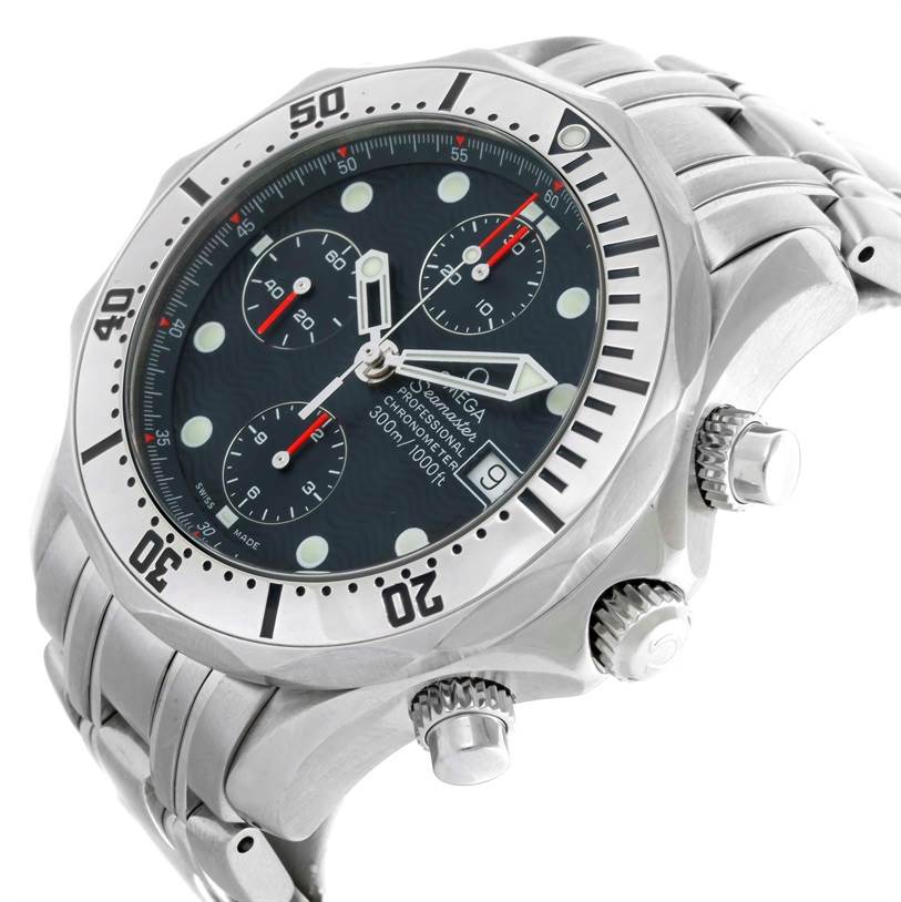 The Omega Seamaster 2598.80.00 Men
s Stainless Steel Blue Dial 2598.80.00 Men
s Stainless Steel Blue Dial watch is shown at an angled view highlighting the face, bezel, crown, and pushers.