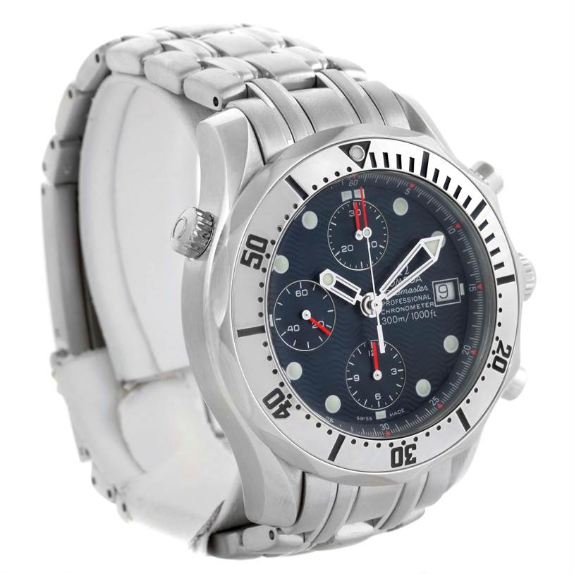 The Omega Seamaster 2598.80.00 Men
s Stainless Steel Blue Dial 2598.80.00 Men
s Stainless Steel Blue Dial watch is displayed at a three-quarter angle showing the face, bezel, crown, and metal bracelet.