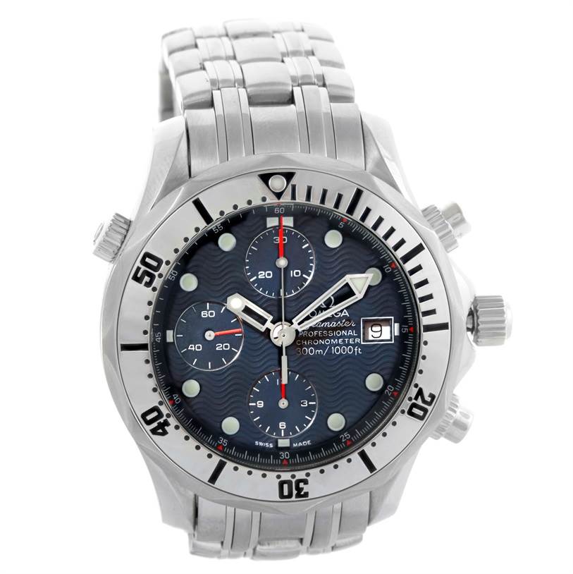 The Omega Seamaster 2598.80.00 Men
s Stainless Steel Blue Dial 2598.80.00 Men
s Stainless Steel Blue Dial watch is shown from the front, displaying the bezel, dial, sub-dials, hands, crown, and bracelet.