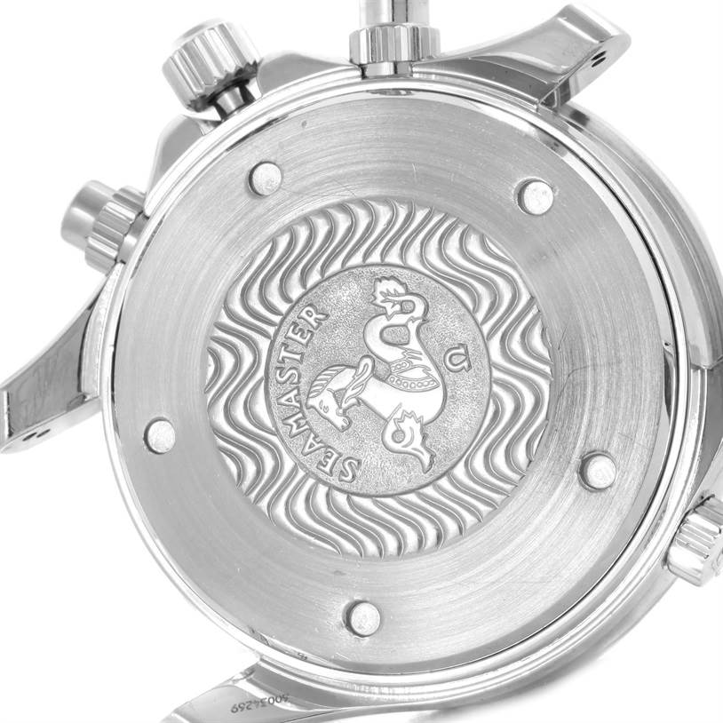 This image shows the caseback of an Omega Seamaster 2598.80.00 Men
s Stainless Steel Blue Dial 2598.80.00 Men
s Stainless Steel Blue Dial watch, featuring the engraved logo and wave pattern.