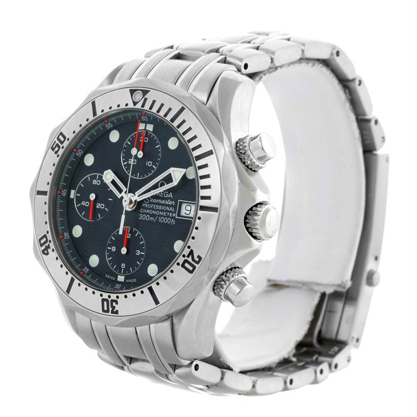 The Omega Seamaster 2598.80.00 Men
s Stainless Steel Blue Dial 2598.80.00 Men
s Stainless Steel Blue Dial watch is shown at a three-quarter angle, displaying the face, bezel, crown, chronograph buttons, and bracelet.