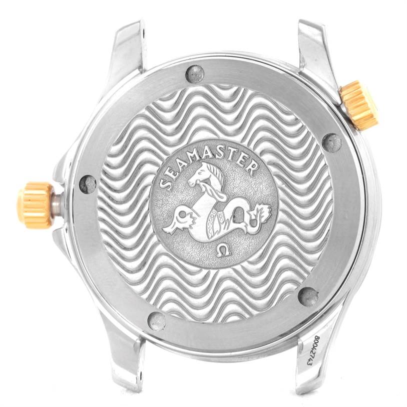 This image shows the case back of an Omega Seamaster Men's Steel and Gold (two tone) White Dial Men's Steel and Gold (two tone) White Dial watch, displaying the engraved logo and branding.