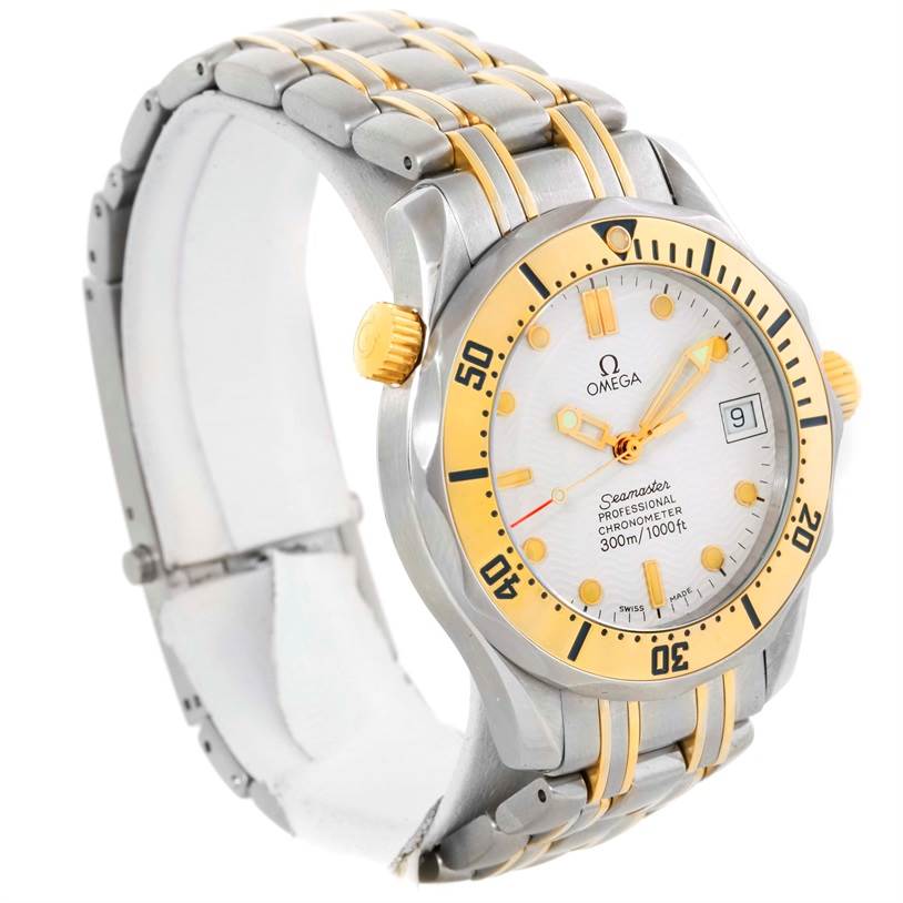 The image shows a side angle of the Omega Seamaster Men's Steel and Gold (two tone) White Dial Men's Steel and Gold (two tone) White Dial watch, highlighting the yellow-and-silver bezel, dial, and two-tone metal bracelet.