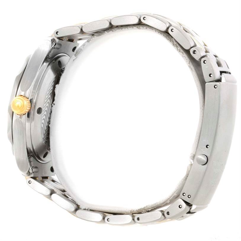 The image shows the side view of the Omega Seamaster Men's Steel and Gold (two tone) White Dial Men's Steel and Gold (two tone) White Dial watch, highlighting the crown and metal bracelet.