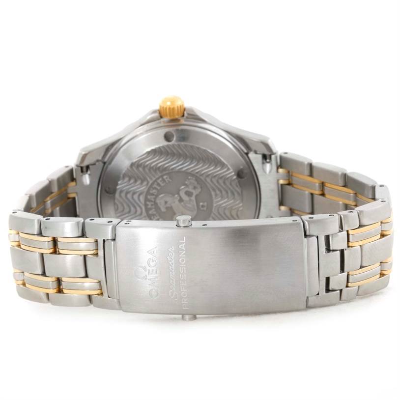 The image shows the back and clasp of an Omega Seamaster Men's Steel and Gold (two tone) White Dial Men's Steel and Gold (two tone) White Dial watch, highlighting the bracelet and engraved case back.