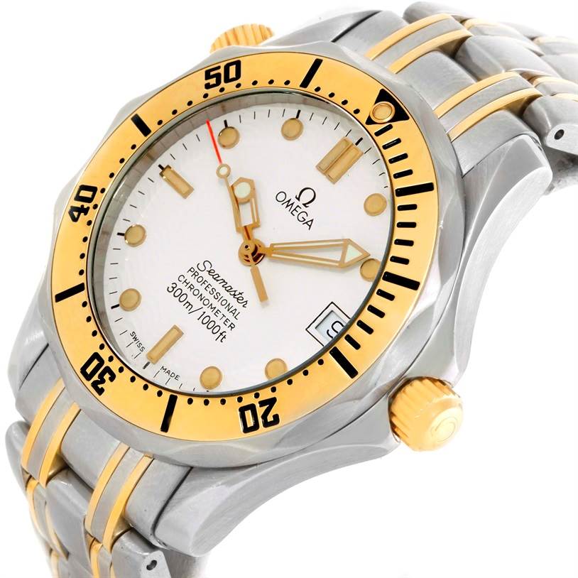The image shows a close-up angle of an Omega Seamaster Men's Steel and Gold (two tone) White Dial Men's Steel and Gold (two tone) White Dial watch, highlighting its face, bezel, and part of its metal bracelet.