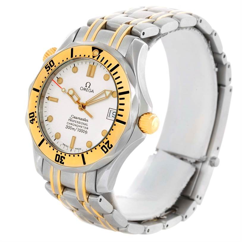 The image shows an Omega Seamaster Men's Steel and Gold (two tone) White Dial Men's Steel and Gold (two tone) White Dial watch at an angled front view, highlighting its face, bezel, crown, and part of the bracelet.