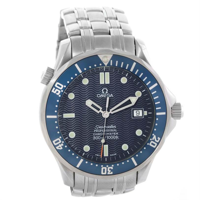 The image displays a front view of an Omega Seamaster 2531.80.00 Men
s Stainless Steel Blue Dial 2531.80.00 Men
s Stainless Steel Blue Dial watch, showing the dial, bezel, hands, bracelet, and date window.
