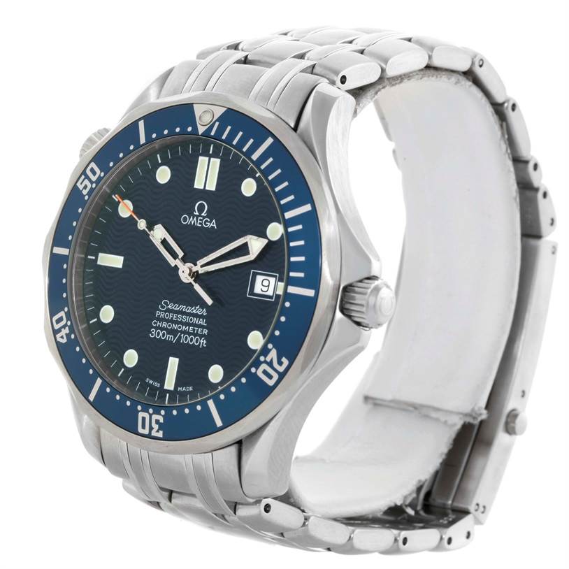 This Omega Seamaster 2531.80.00 Men
s Stainless Steel Blue Dial 2531.80.00 Men
s Stainless Steel Blue Dial Professional Chronometer is shown at an angle displaying the dial, bezel, crown, and bracelet.