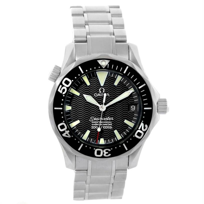 The image shows a front view of the Omega Seamaster 2252.50.00 Stainless Steel Black Dial 2252.50.00 Stainless Steel Black Dial watch, highlighting its dial, bezel, and bracelet.