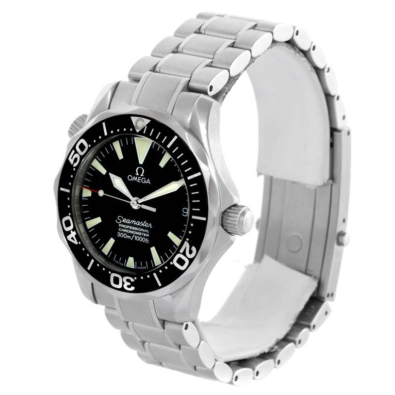 The Omega Seamaster 2252.50.00 Stainless Steel Black Dial 2252.50.00 Stainless Steel Black Dial watch is shown at a three-quarter angle, highlighting its face, bezel, and metal bracelet.