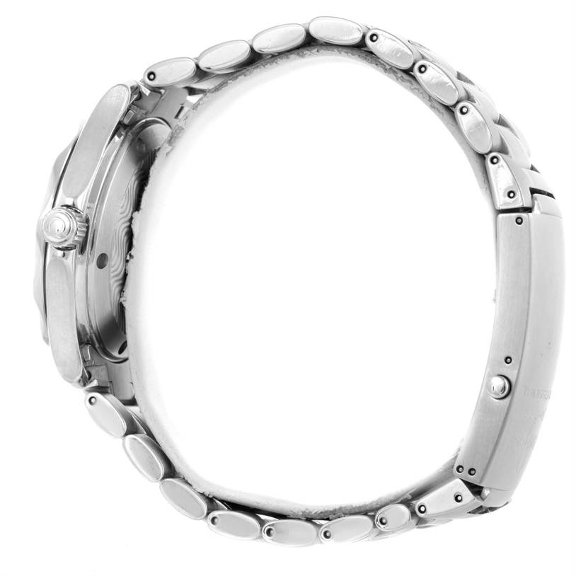 This image shows the side profile of the Omega Seamaster 2252.50.00 Stainless Steel Black Dial 2252.50.00 Stainless Steel Black Dial watch, highlighting the case, crown, and bracelet band.