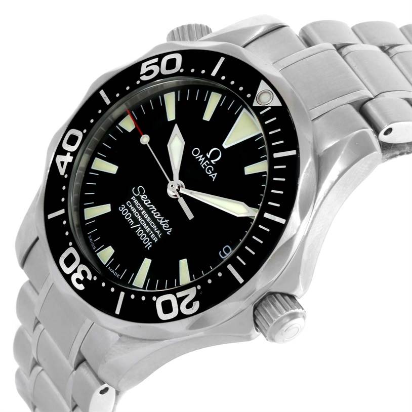 This image shows an Omega Seamaster 2252.50.00 Stainless Steel Black Dial 2252.50.00 Stainless Steel Black Dial watch at an angled close-up, highlighting its dial, bezel, crown, and stainless steel bracelet.