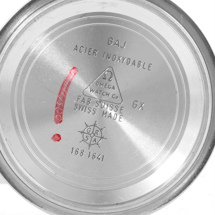 This image shows the inside of the case back of an Omega Seamaster 2252.50.00 Stainless Steel Black Dial 2252.50.00 Stainless Steel Black Dial watch with engraved markings and details.