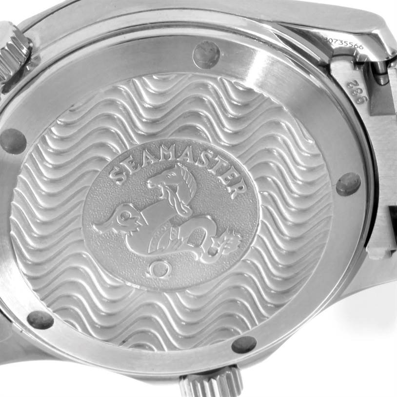 The image shows the back case of an Omega Seamaster 2252.50.00 Stainless Steel Black Dial 2252.50.00 Stainless Steel Black Dial watch, featuring the engraved Seamaster logo.