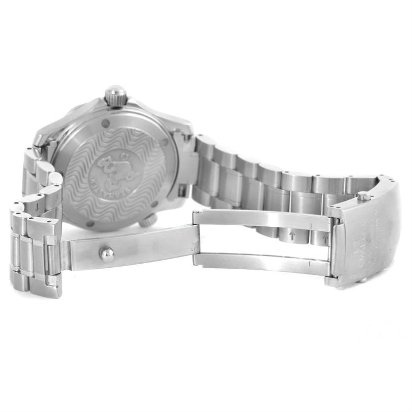 The image shows the open case back and metal bracelet clasp of an Omega Seamaster 2252.50.00 Stainless Steel Black Dial 2252.50.00 Stainless Steel Black Dial watch from a rear angle.