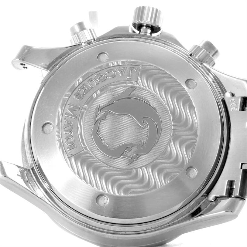 The image shows the case back of the Omega Seamaster 2595.50.00 Men
s Stainless Steel Black Dial 2595.50.00 Men
s Stainless Steel Black Dial watch, engraved with "JACQUES MAYOL" and a dolphin design, in a top-down angle view.