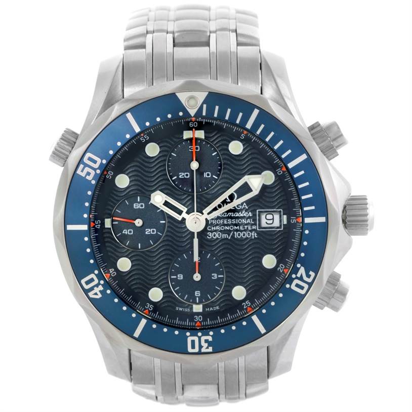 The Omega Seamaster 2225.80.00 Men
s Stainless Steel Blue Dial 2225.80.00 Men
s Stainless Steel Blue Dial watch, shown from the front, displays the face, bezel, crown, and part of the bracelet.