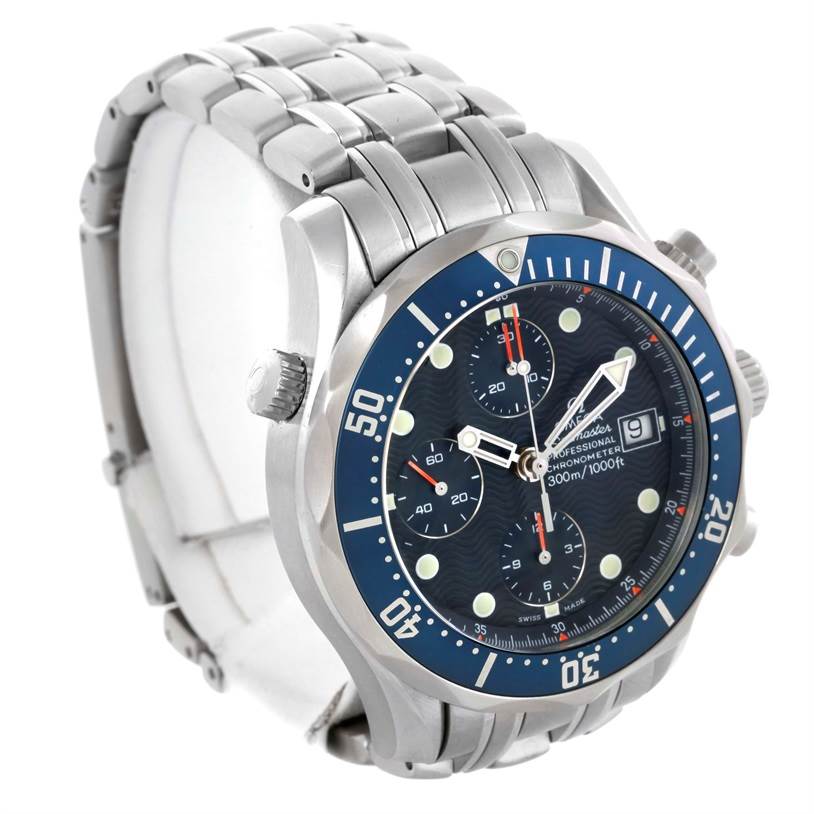 The image shows a side-angled view of the Omega Seamaster 2225.80.00 Men
s Stainless Steel Blue Dial 2225.80.00 Men
s Stainless Steel Blue Dial watch, highlighting the face, bezel, and metal bracelet.