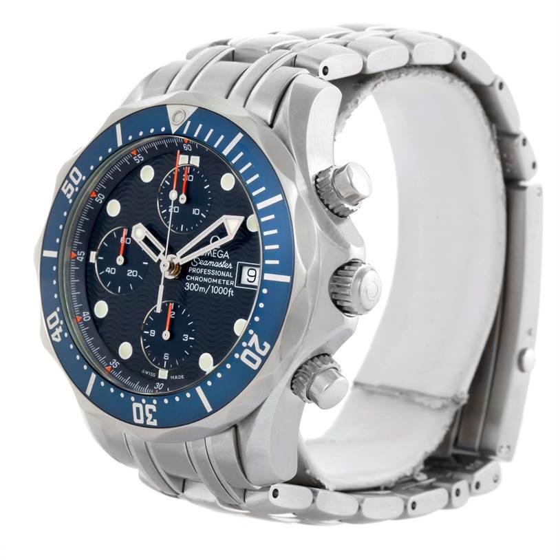 The image shows an Omega Seamaster 2225.80.00 Men
s Stainless Steel Blue Dial 2225.80.00 Men
s Stainless Steel Blue Dial watch at a three-quarter angle, highlighting the bezel, crown, chronograph buttons, and bracelet.