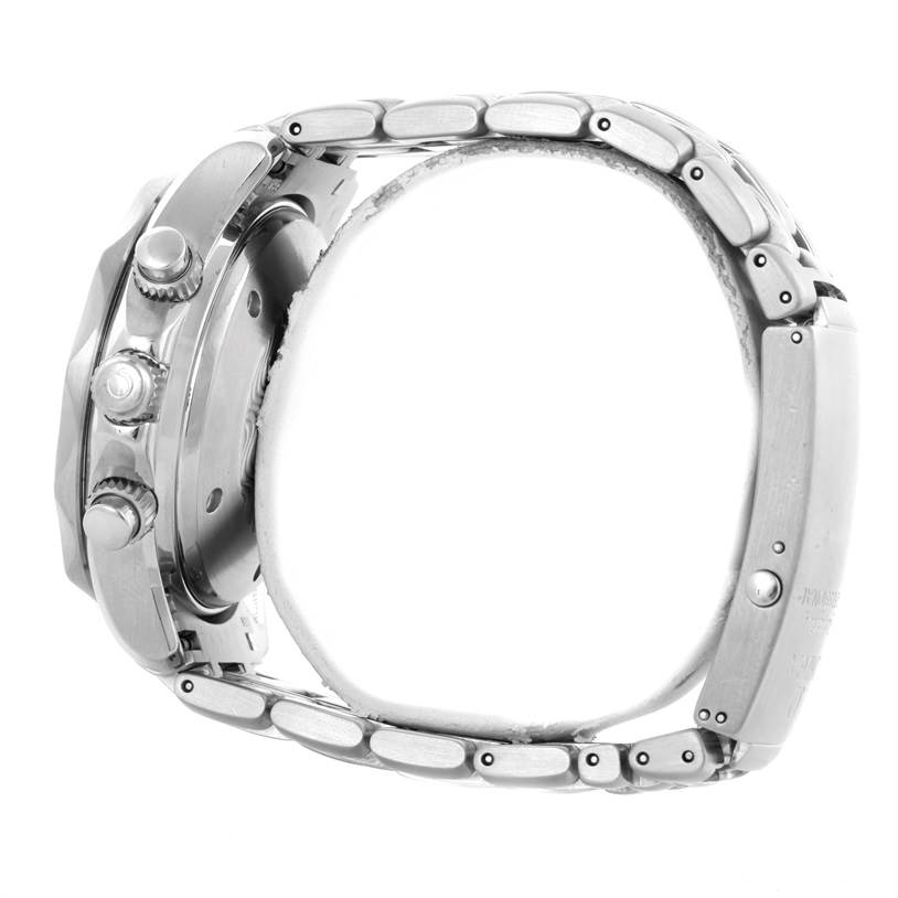 The image shows a side view of an Omega Seamaster 2225.80.00 Men
s Stainless Steel Blue Dial 2225.80.00 Men
s Stainless Steel Blue Dial watch, highlighting the crown, pushers, and part of the metal bracelet.