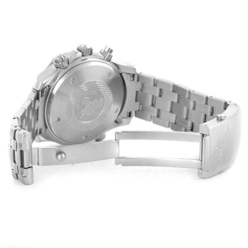 The image shows the back case and partially opened stainless-steel bracelet of an Omega Seamaster 2225.80.00 Men
s Stainless Steel Blue Dial 2225.80.00 Men
s Stainless Steel Blue Dial watch.