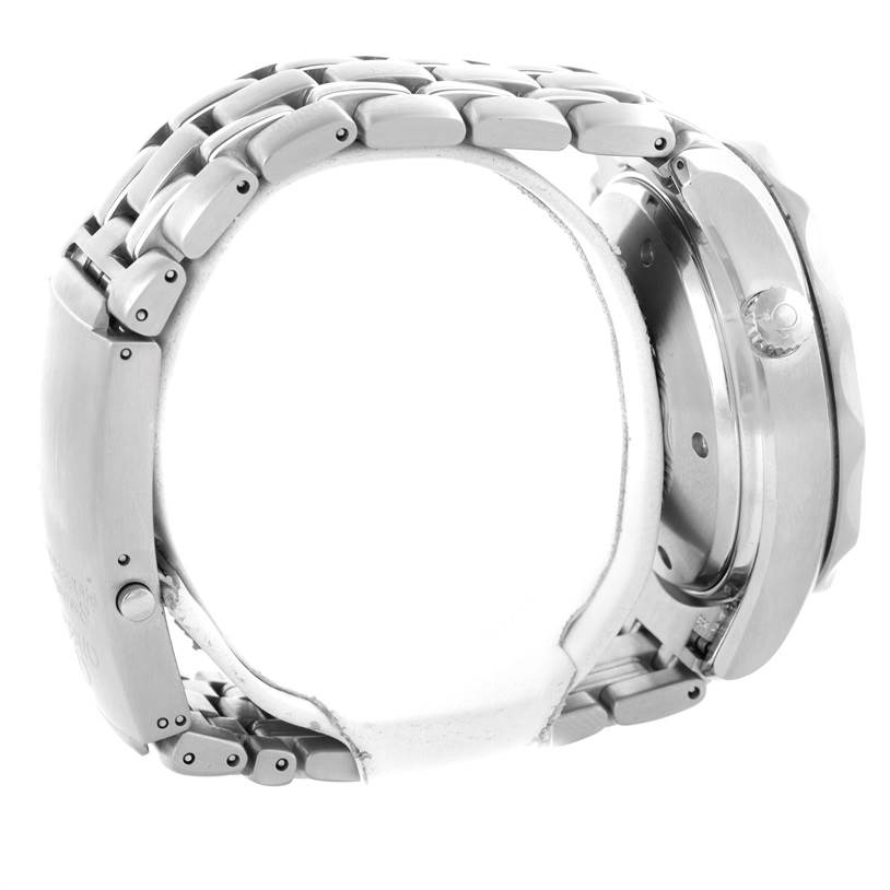 The Omega Seamaster 2225.80.00 Men
s Stainless Steel Blue Dial 2225.80.00 Men
s Stainless Steel Blue Dial watch is shown from a side angle, focusing on the metal bracelet and side of the case.