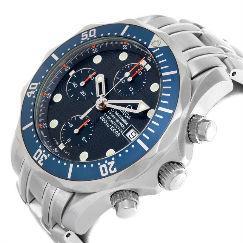 The image shows an angled view of an Omega Seamaster 2225.80.00 Men
s Stainless Steel Blue Dial 2225.80.00 Men
s Stainless Steel Blue Dial watch, highlighting the dial, bezel, crown, and pushers.