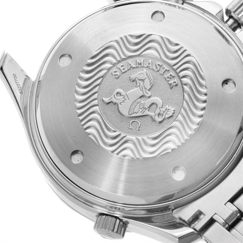 The image shows the back casing of an Omega Seamaster 2225.80.00 Men
s Stainless Steel Blue Dial 2225.80.00 Men
s Stainless Steel Blue Dial watch, displaying the embossed logo and wave pattern.