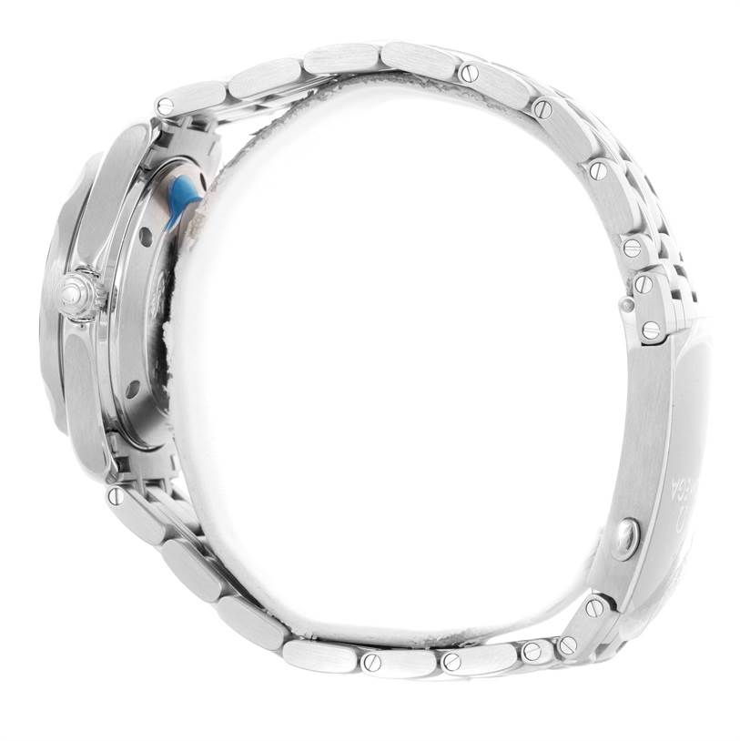 This image shows a side view of the Omega Seamaster 212.30.36.20.01.002 Men
s Stainless Steel Black Dial 212.30.36.20.01.002 Men
s Stainless Steel Black Dial watch, highlighting its case, crown, and metal bracelet.