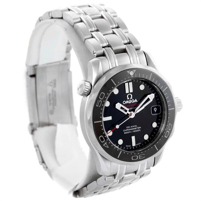 The image shows a side angle of the Omega Seamaster 212.30.36.20.01.002 Men
s Stainless Steel Black Dial 212.30.36.20.01.002 Men
s Stainless Steel Black Dial watch, highlighting the watch face, bezel, and metal bracelet.