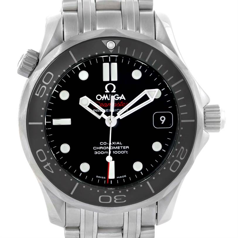 This is a front view of the Omega Seamaster 212.30.36.20.01.002 Men
s Stainless Steel Black Dial 212.30.36.20.01.002 Men
s Stainless Steel Black Dial watch, showing the dial, bezel, and part of the bracelet.