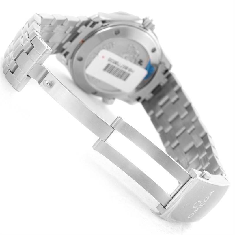 The image shows the back and clasp of an Omega Seamaster 212.30.36.20.01.002 Men
s Stainless Steel Black Dial 212.30.36.20.01.002 Men
s Stainless Steel Black Dial watch, emphasizing the metal bracelet and partially opened clasp.