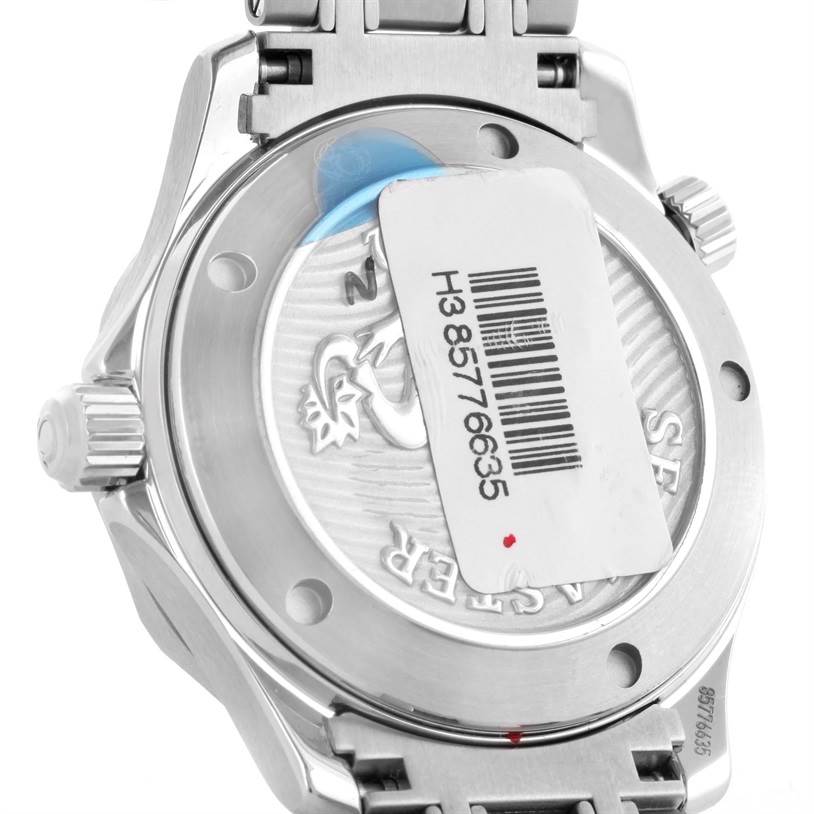 The image shows the back case and part of the metal bracelet of an Omega Seamaster 212.30.36.20.01.002 Men
s Stainless Steel Black Dial 212.30.36.20.01.002 Men
s Stainless Steel Black Dial watch.