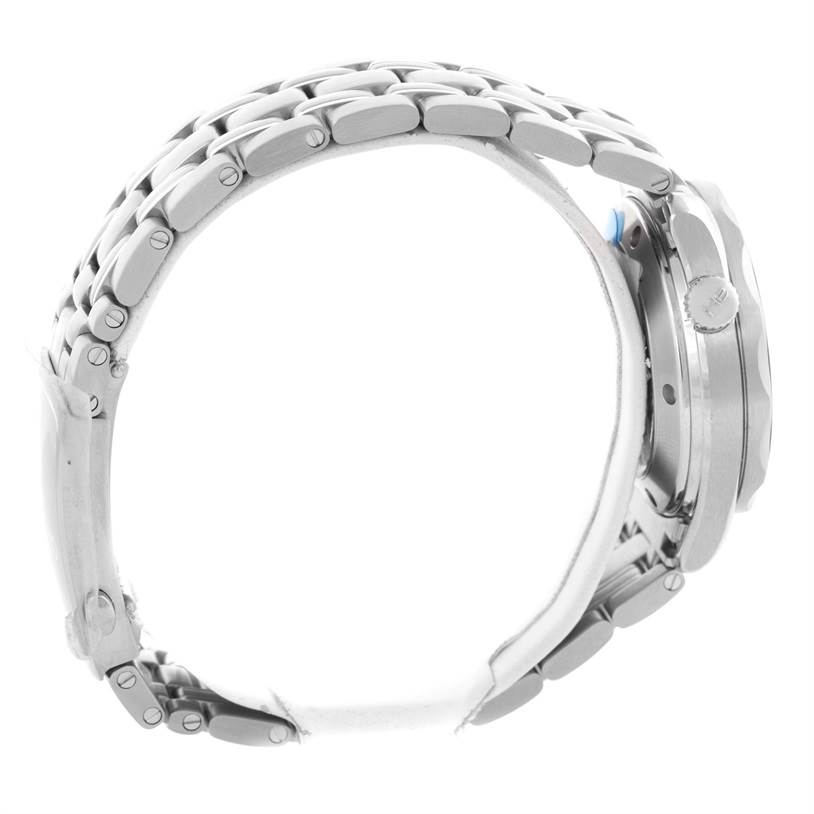 The image shows a side view of an Omega Seamaster 212.30.36.20.01.002 Men
s Stainless Steel Black Dial 212.30.36.20.01.002 Men
s Stainless Steel Black Dial watch, highlighting its stainless steel bracelet and case.