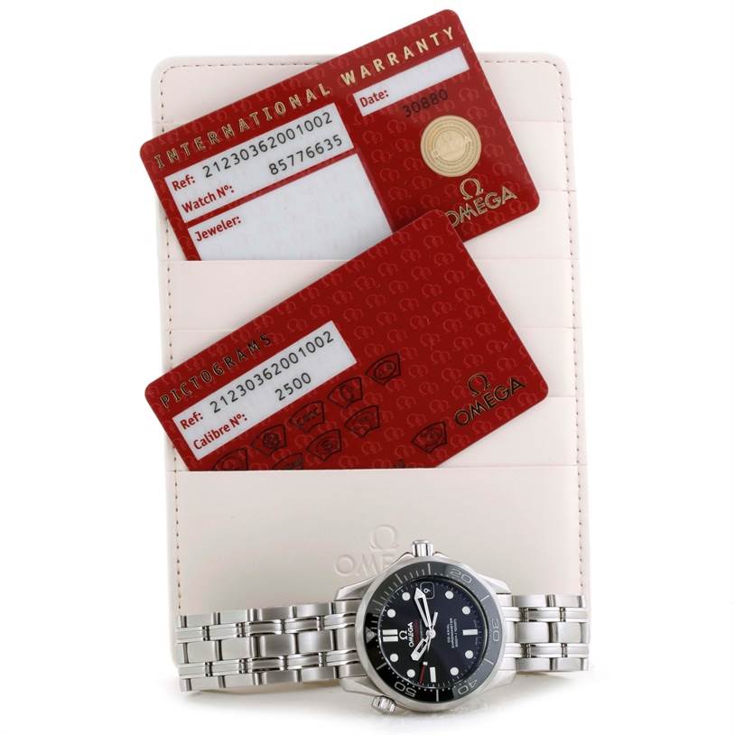 The image shows an Omega Seamaster 212.30.36.20.01.002 Men
s Stainless Steel Black Dial 212.30.36.20.01.002 Men
s Stainless Steel Black Dial watch with its bracelet, warranty, and pictogram cards.