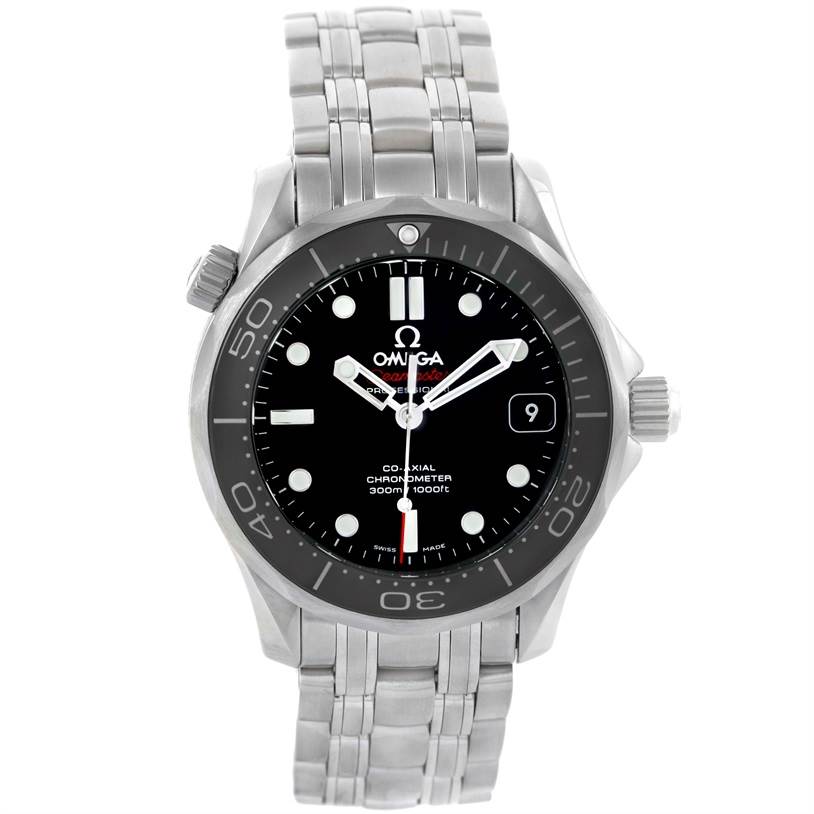 The image shows a front view of an Omega Seamaster 212.30.36.20.01.002 Men
s Stainless Steel Black Dial 212.30.36.20.01.002 Men
s Stainless Steel Black Dial watch, displaying the face, bezel, crown, and stainless steel bracelet.
