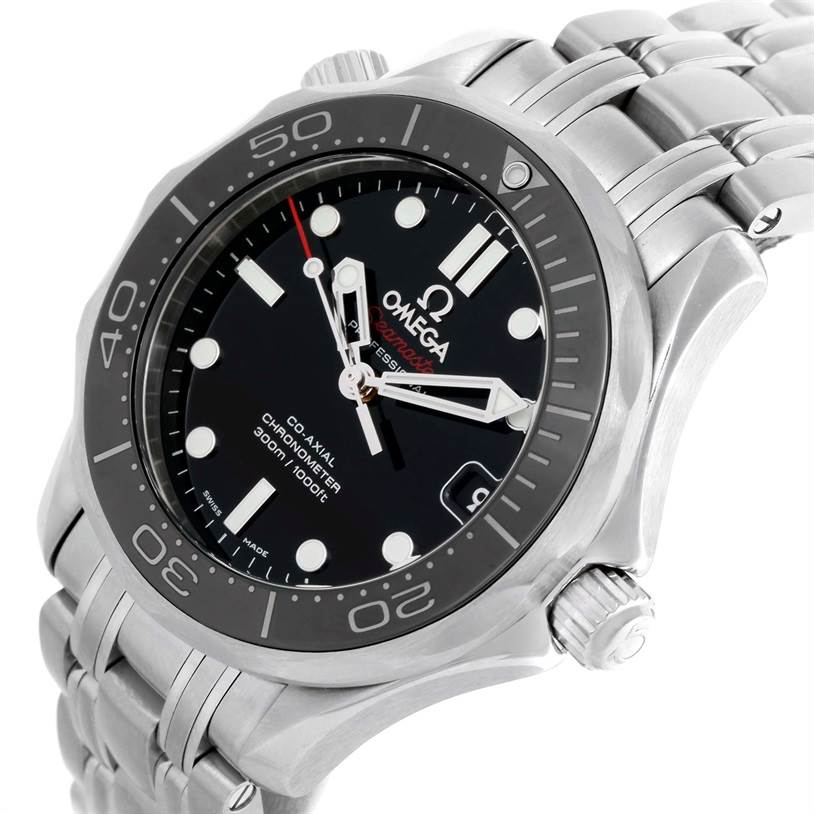 The image shows an angled view of the Omega Seamaster 212.30.36.20.01.002 Men
s Stainless Steel Black Dial 212.30.36.20.01.002 Men
s Stainless Steel Black Dial watch, highlighting the bezel, dial, hands, and bracelet.