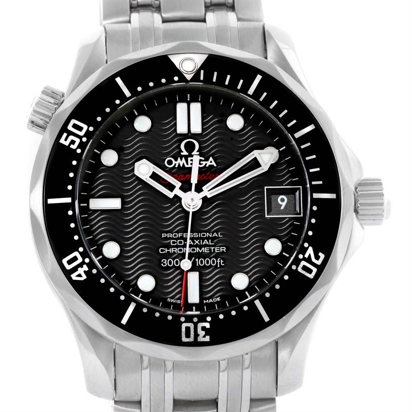 This image shows a frontal view of the Omega Seamaster 212.30.36.20.01.001 Stainless Steel Black Dial 212.30.36.20.01.001 Stainless Steel Black Dial watch, highlighting the dial, bezel, and part of the bracelet.