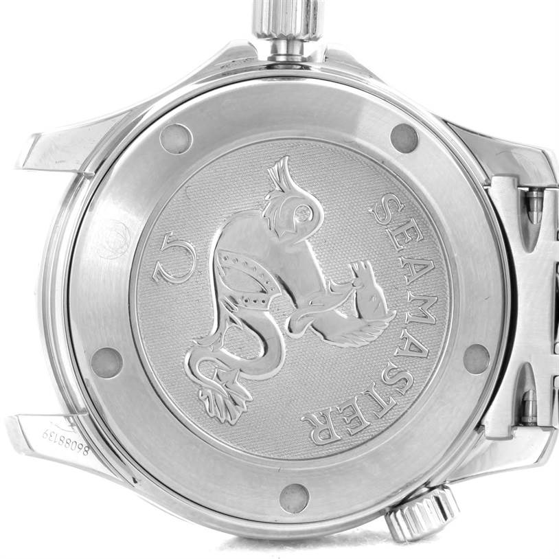 The image shows a close-up of the case back of an Omega Seamaster 212.30.36.20.01.001 Stainless Steel Black Dial 212.30.36.20.01.001 Stainless Steel Black Dial watch, displaying its engravings and screw-down crown.