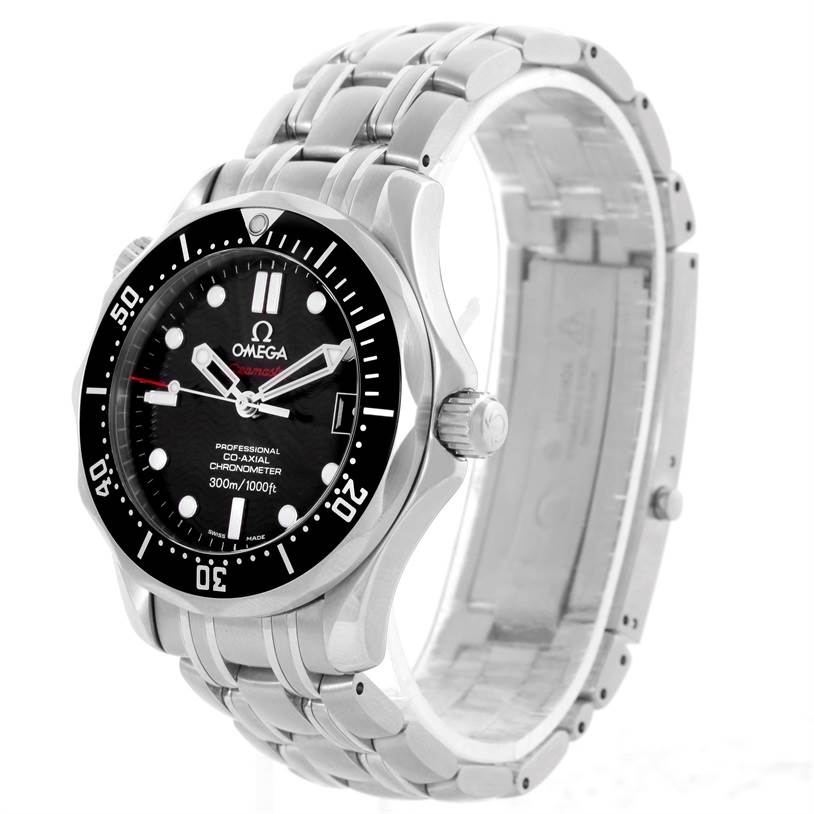 The Omega Seamaster 212.30.36.20.01.001 Stainless Steel Black Dial 212.30.36.20.01.001 Stainless Steel Black Dial watch is shown at a slight side angle, displaying the face, bezel, crown, and stainless steel bracelet.