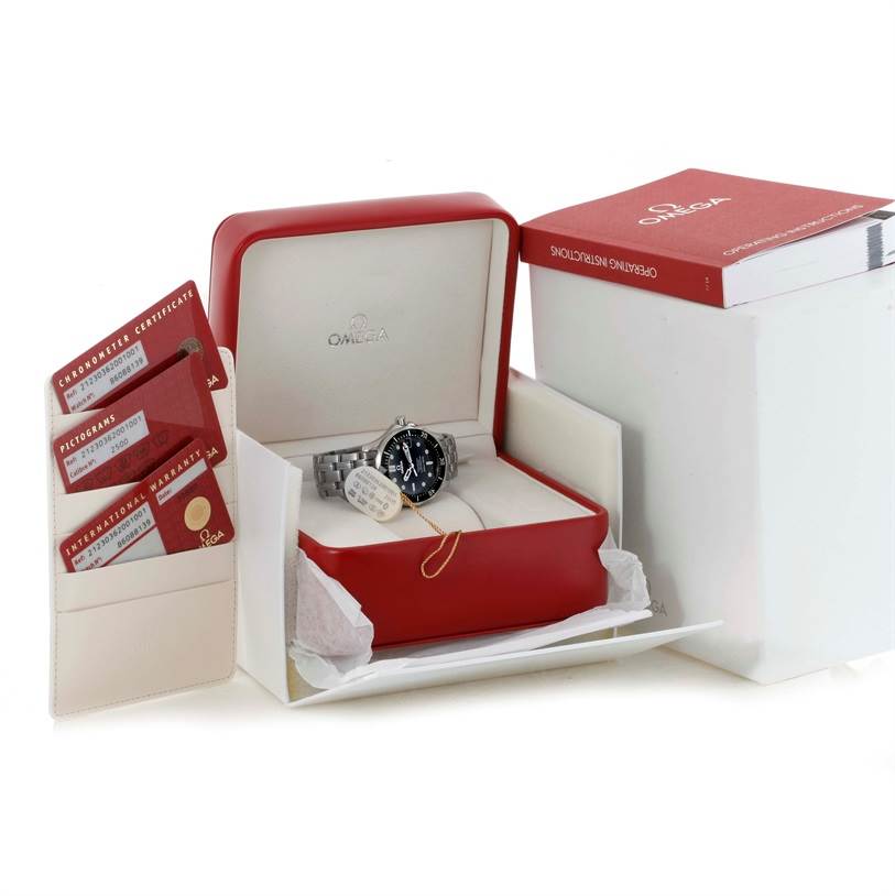 The image showcases an Omega Seamaster 212.30.36.20.01.001 Stainless Steel Black Dial 212.30.36.20.01.001 Stainless Steel Black Dial watch in its box, along with documentation and a manual.