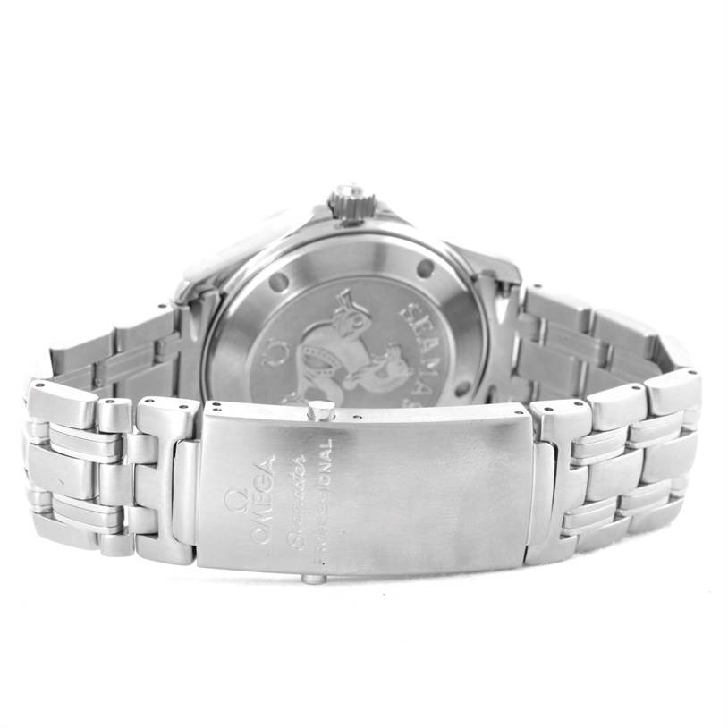 The image shows the back view of an Omega Seamaster 212.30.36.20.01.001 Stainless Steel Black Dial 212.30.36.20.01.001 Stainless Steel Black Dial watch, highlighting the clasp and case back with an engraved logo.