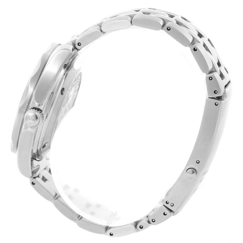 The image shows the side view of an Omega Seamaster 212.30.36.20.01.001 Stainless Steel Black Dial 212.30.36.20.01.001 Stainless Steel Black Dial watch, highlighting the case and metal bracelet.