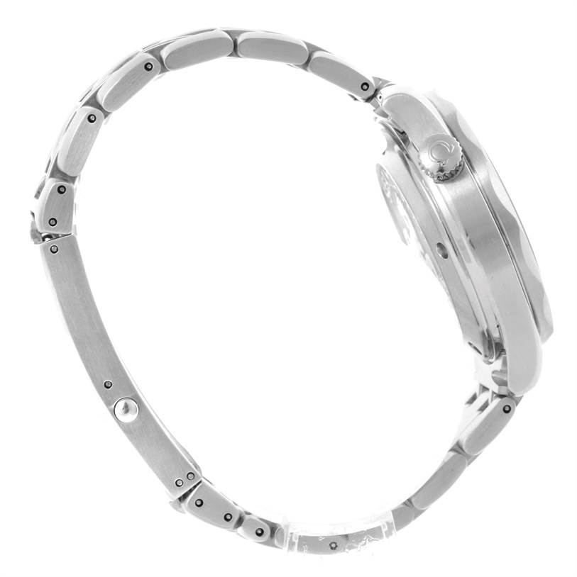 The image shows a side view of the Omega Seamaster 212.30.36.20.01.001 Stainless Steel Black Dial 212.30.36.20.01.001 Stainless Steel Black Dial watch, highlighting its stainless steel bracelet and crown.